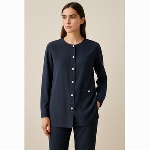 Anne Carson Silk Navy Button Front Tunic Top Size L Minimalist Quiet Luxury Chic